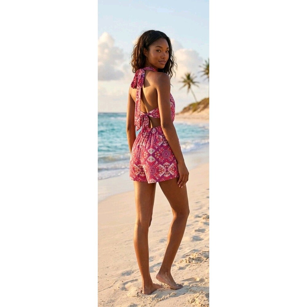 Free People Playsuit Romper Floral High Strung Backless Halter L Pink NWT $99